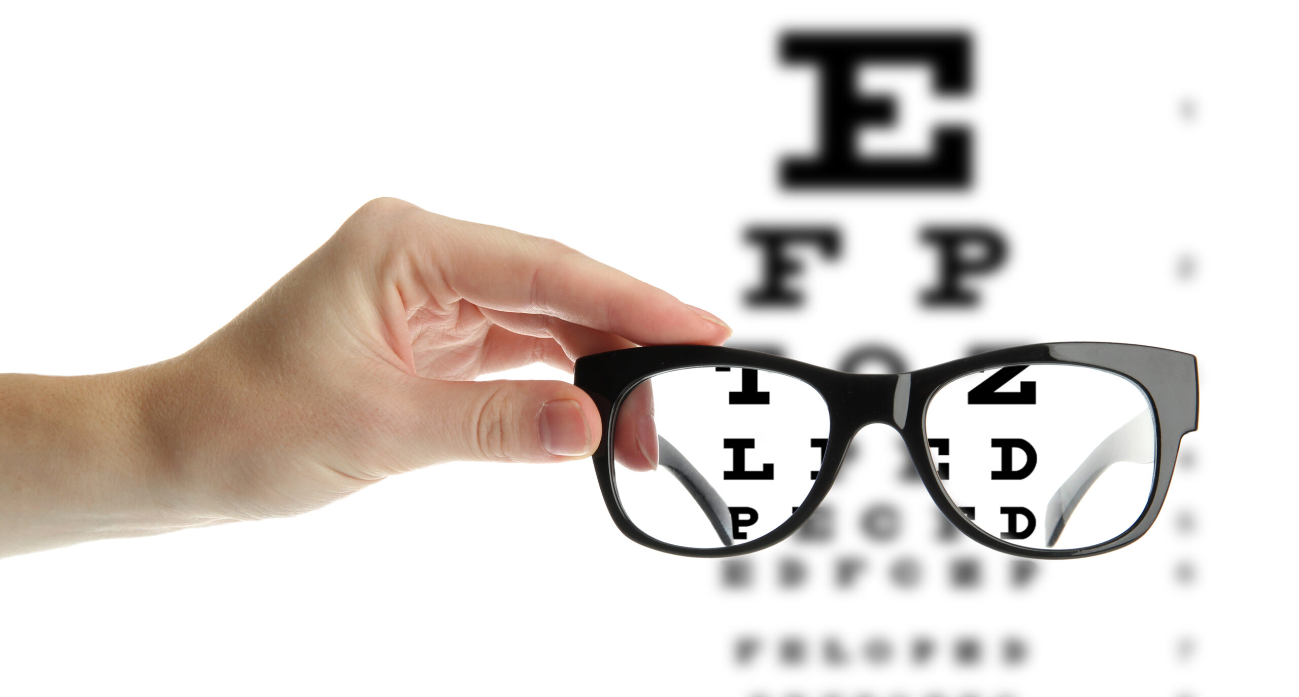 woman hand with black glasses, isolated on white